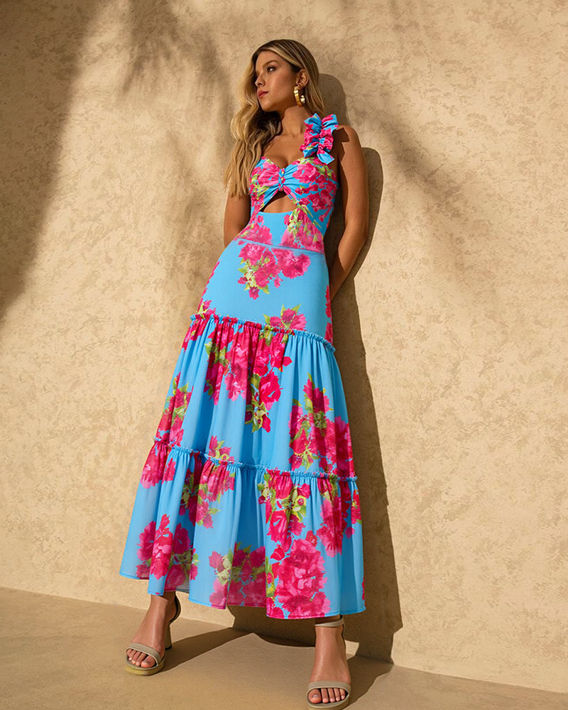 Ruffle Removable Shoulder Strap Pink Bougainvillea Flower Printed One Piece Swimsuit and Skirt Flaxmaker