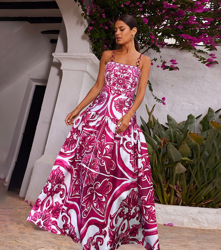 Sling Classic Majolica Series Pattern Print One Piece Swimsuit and Skirt or Shorts