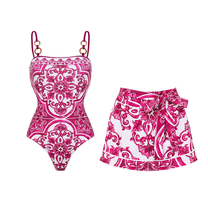 Sling Classic Majolica Series Pattern Print One Piece Swimsuit and Skirt or Shorts