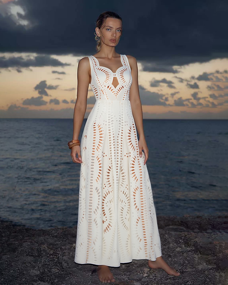 White Hollow Out One Piece Swimsuit and Skirt