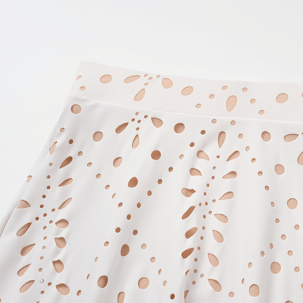 V Neck Solid Color Laser Cutting Flower One Piece Swimsuit and Skirt