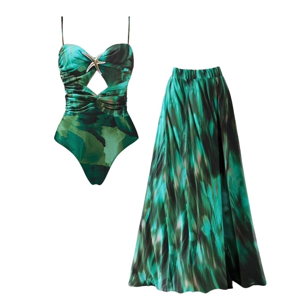 Flaxmaker Green Printed Pleated Swimsuit & Skirt Set