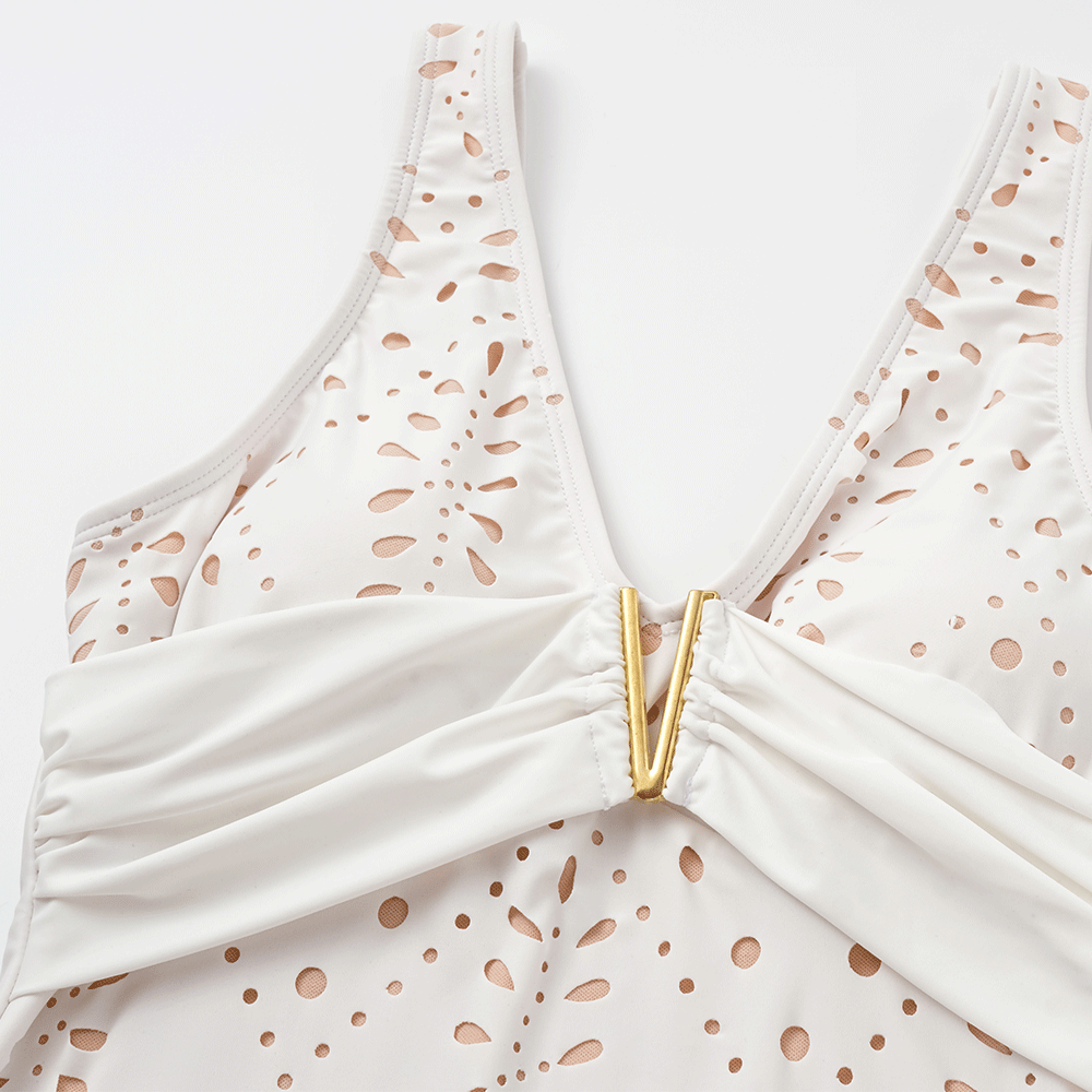 V Neck Solid Color Laser Cutting Flower One Piece Swimsuit and Skirt