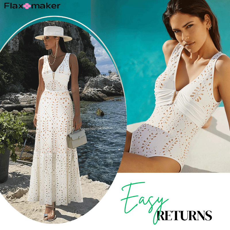 V Neck Solid Color Laser Cutting Flower One Piece Swimsuit and Skirt