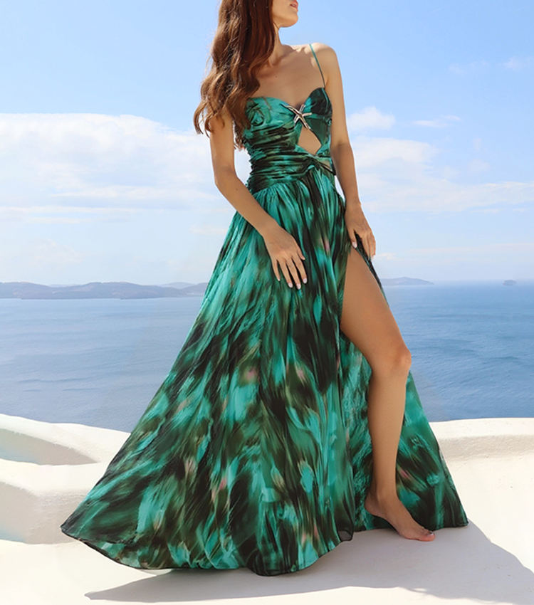 Flaxmaker Green Printed Pleated Swimsuit & Skirt Set