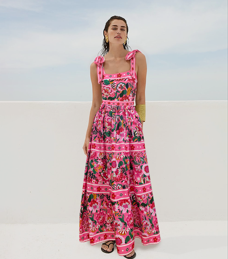 Pink Floral Paradise Print One Piece Swimsuit and Skirt