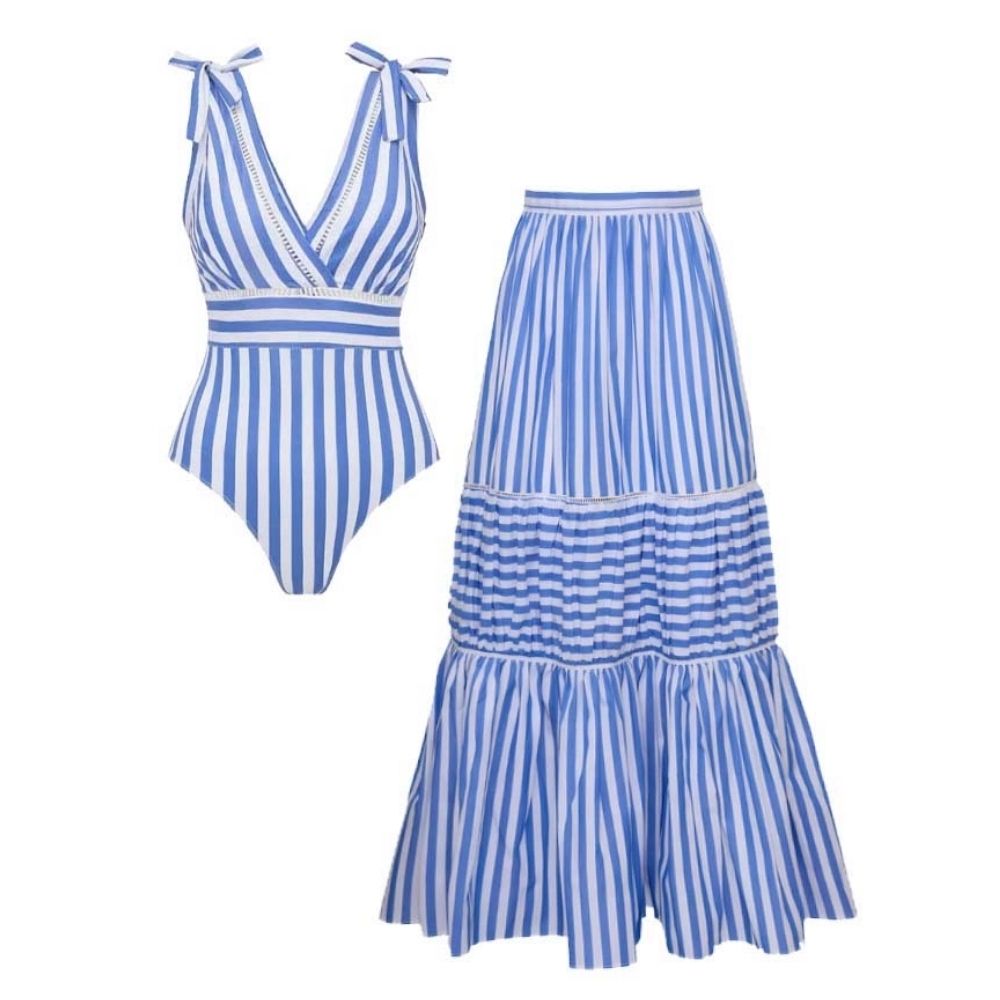 Bowknot Striped Print One Piece Swimsuit and Skirt