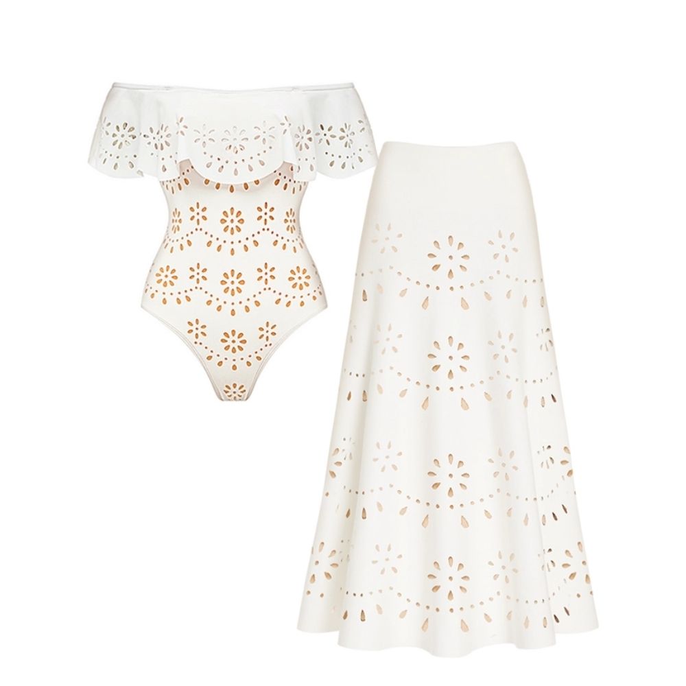 Three Pieces Set Hollow Out One Piece Swimsuit and Skirt