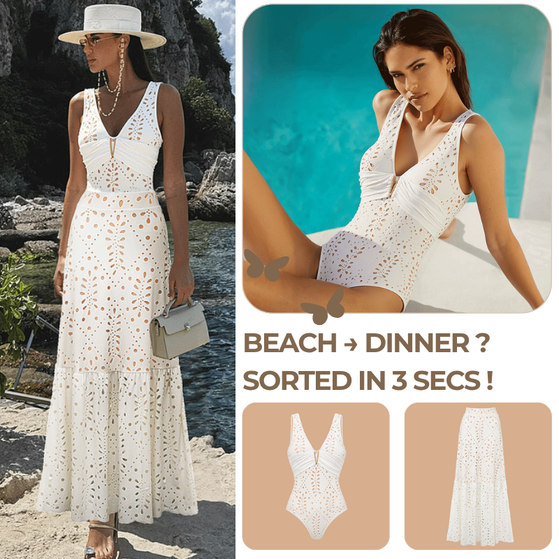 V Neck Solid Color Laser Cutting Flower One Piece Swimsuit and Skirt