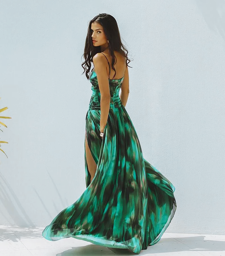 Flaxmaker Green Printed Pleated Swimsuit & Skirt Set