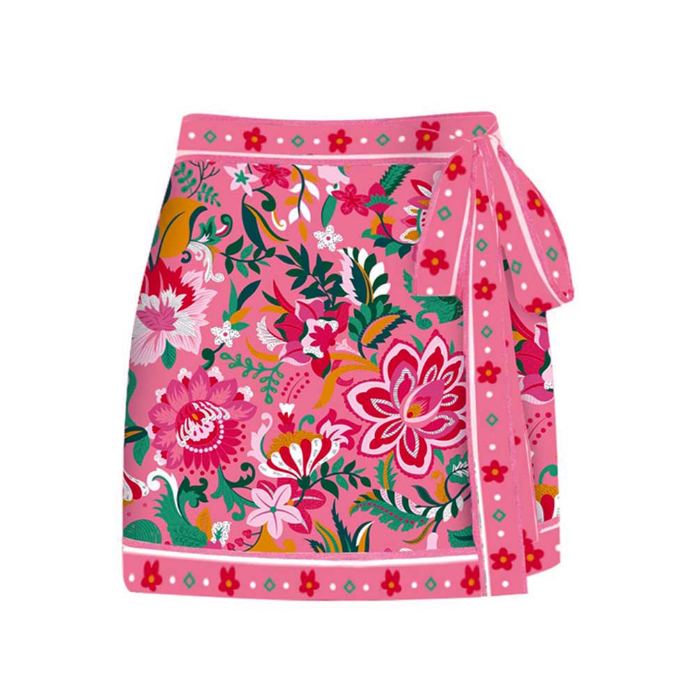 Pink Floral Paradise Print One Piece Swimsuit and Skirt