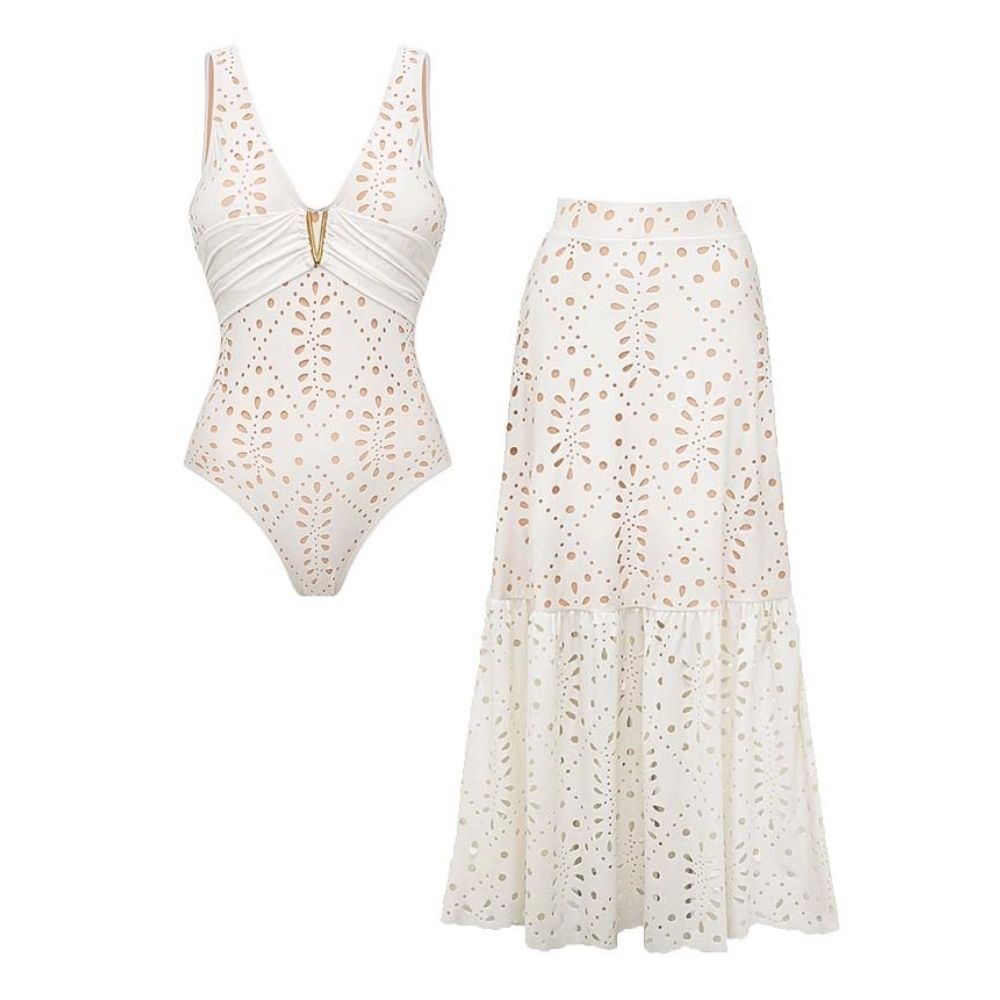V Neck Solid Color Laser Cutting Flower One Piece Swimsuit and Skirt