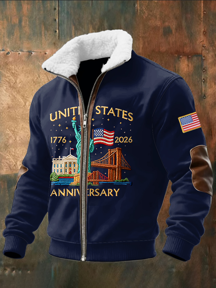 Retro 250th Anniversary Commemorative Casual Shearling Collar Jacket