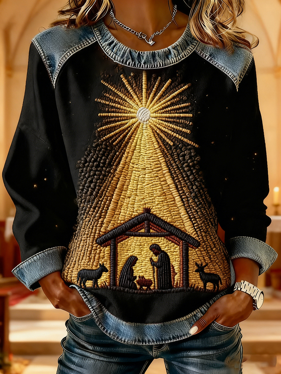 Women's Christian Nativity Scene Greatest Gift of All  Denim Patchwork Top