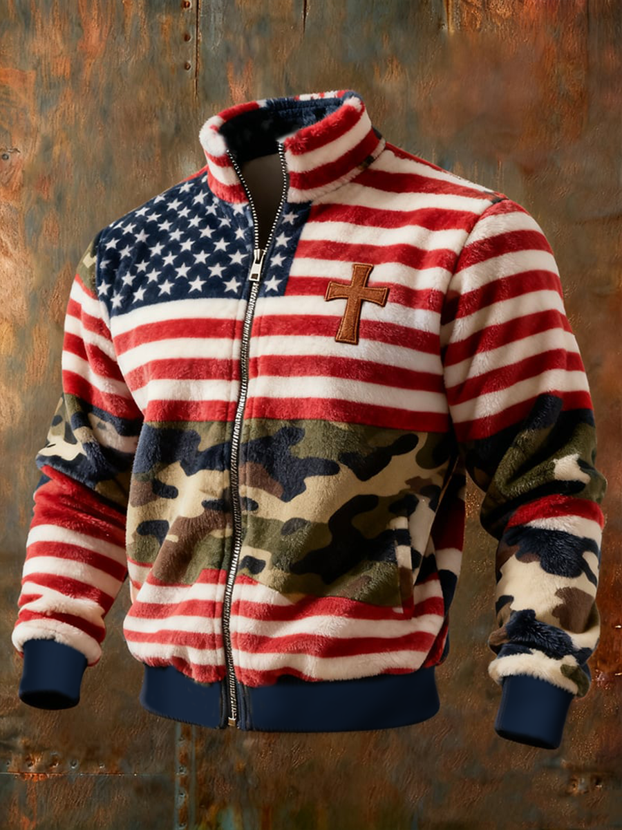 Men's Flag Cross Camouflage Flannel Zip Jacket