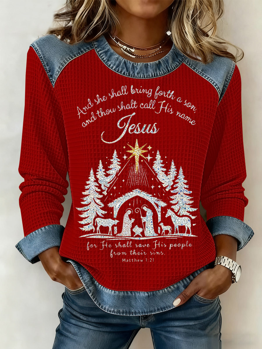 Women's Christmas Print Waffle Sweatshirt