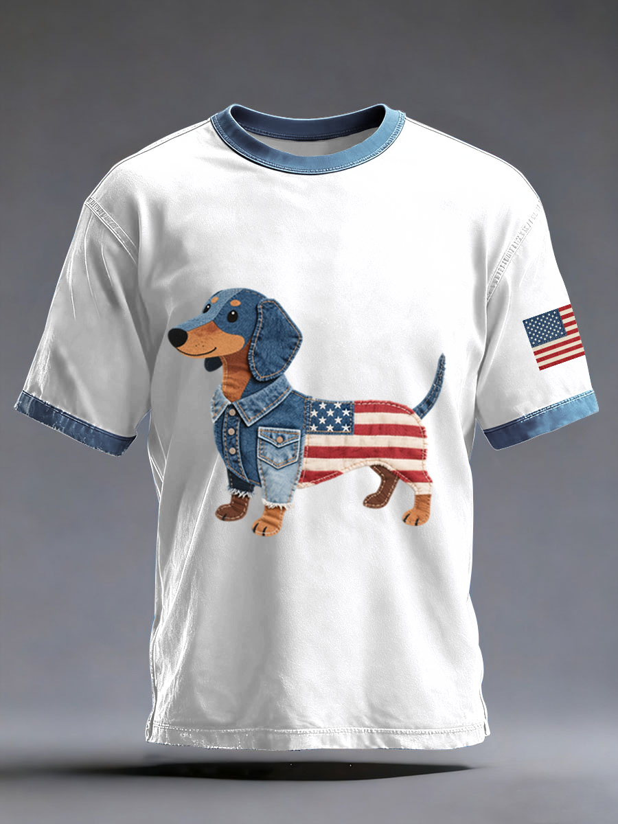 Men's Denim Patchwork Art Dachshund Dog Pattern Washed T-Shirt