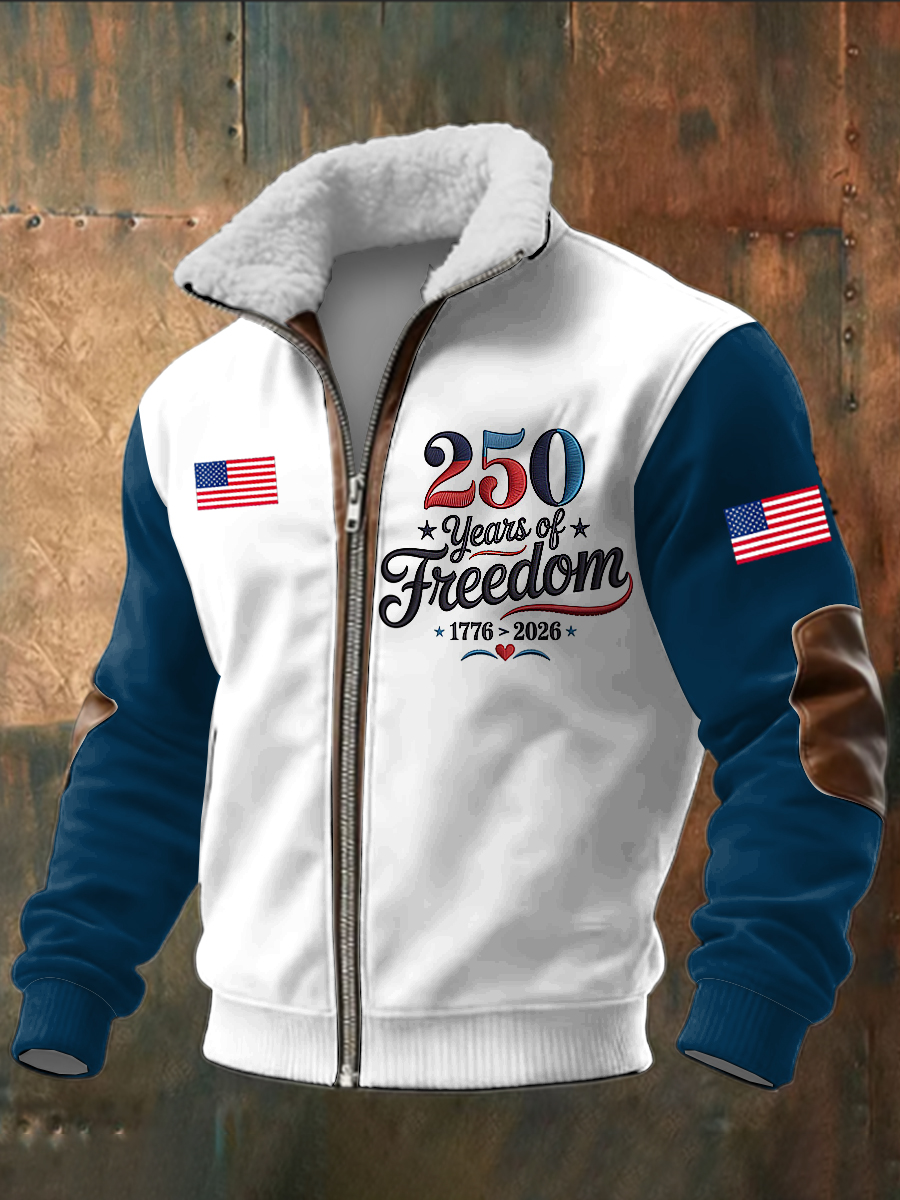 Men's 250th Memorial Printed Long Sleeved Stand Up Collar Lambhair Zipper Top