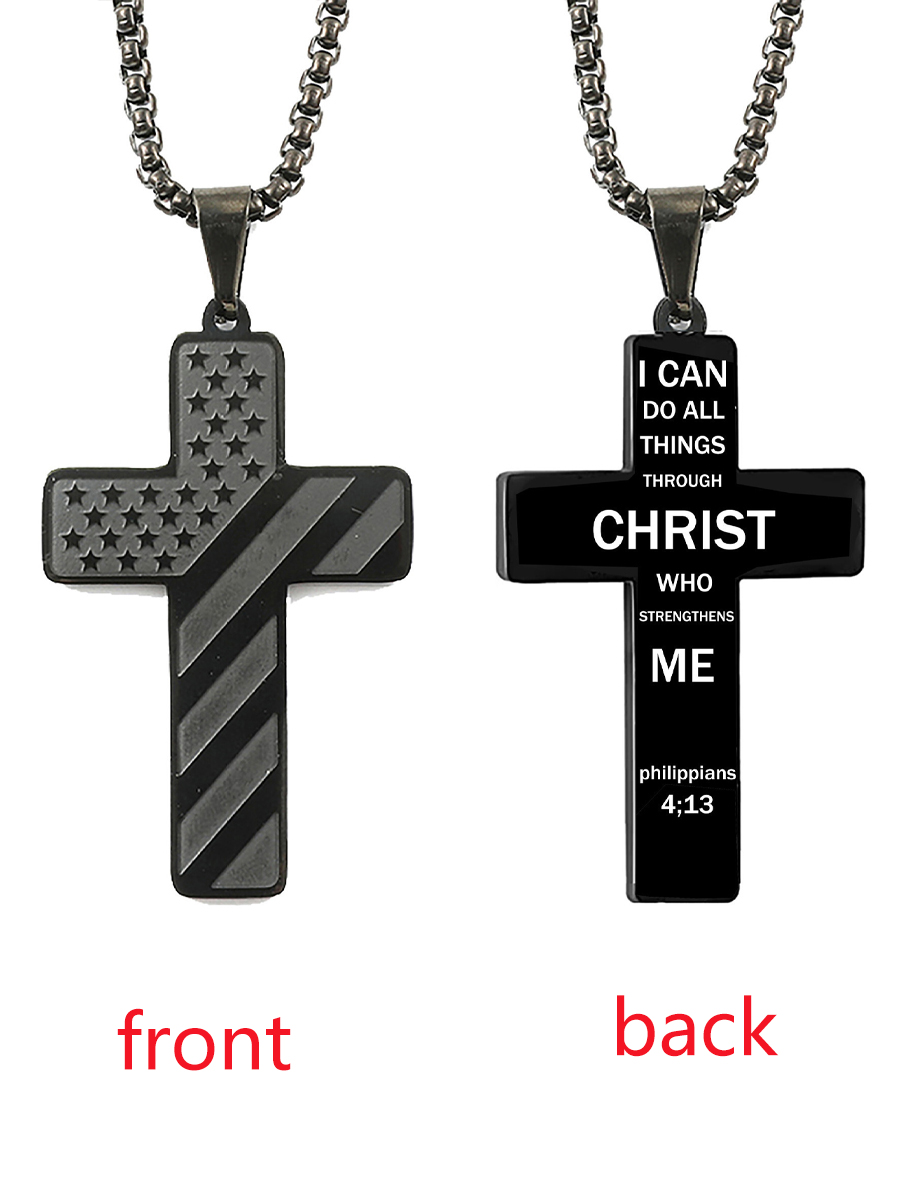 Unisex American Flag Cross I Can Do All Things Through Christ Stainless Steel Necklace