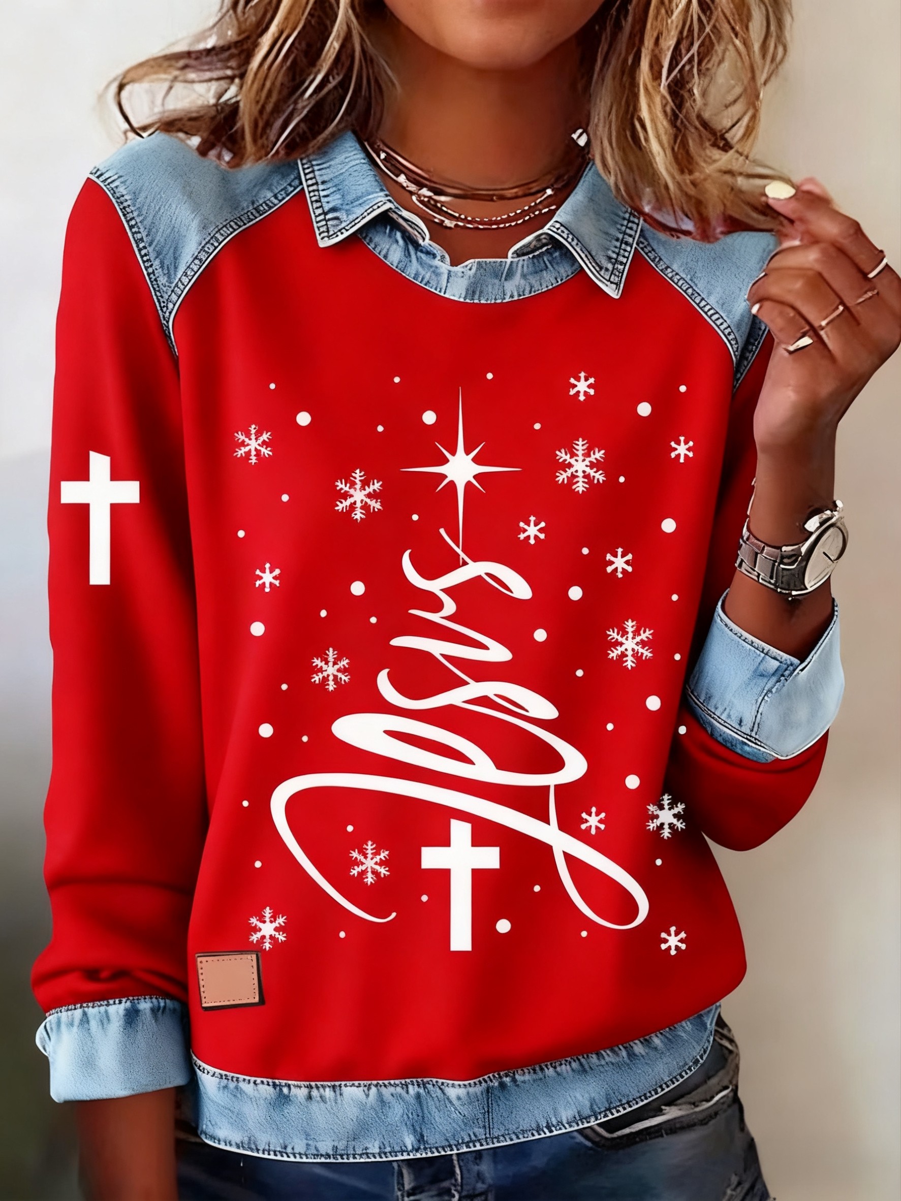 Retro Christmas Faith Abstract Print Casua Lapel  Top