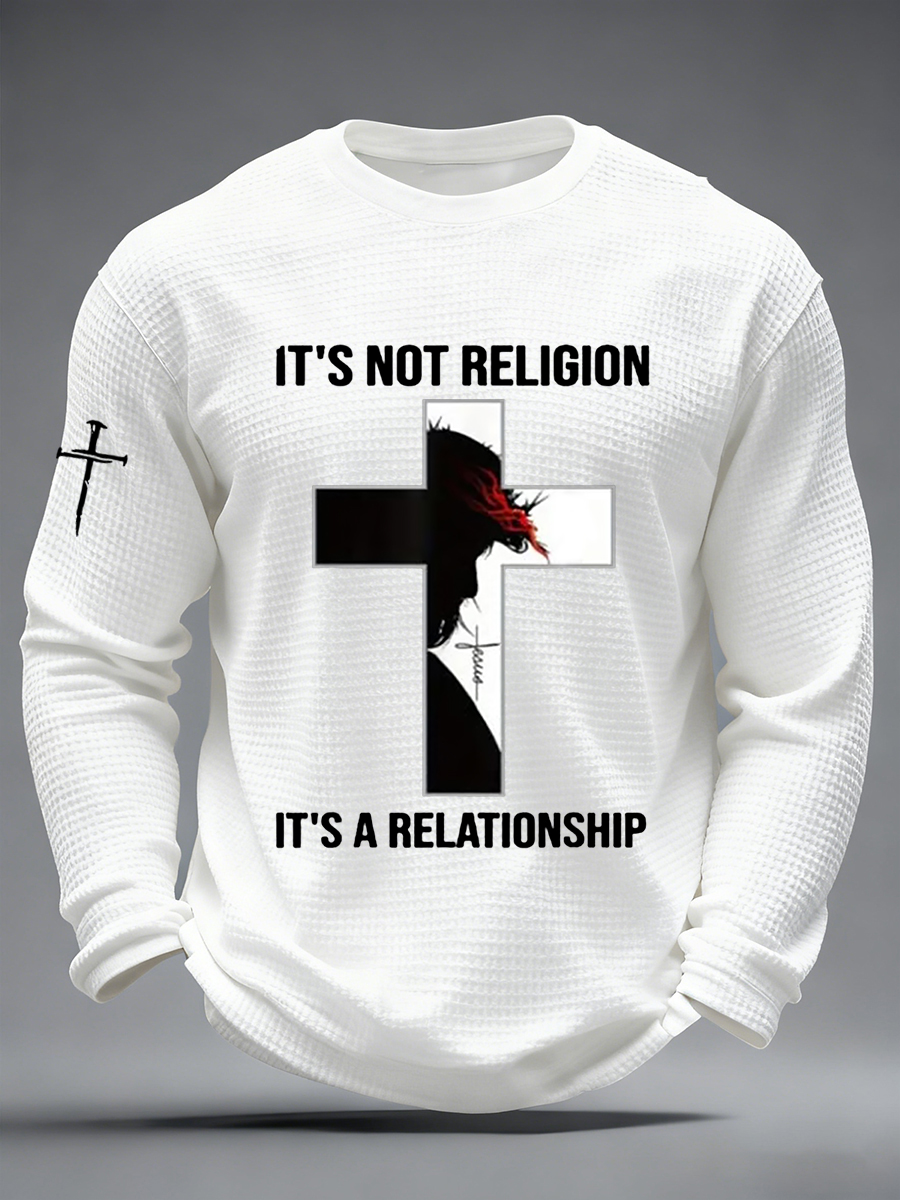 Men's  It’s Not Religion It’s A Relationship Jesus Cross Waffle Long Sleeve T-Shirt