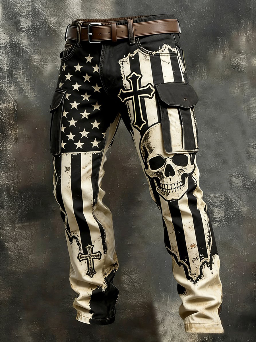 Men's Retro Faith American Flag Skull Art Pocket Cargo Pants
