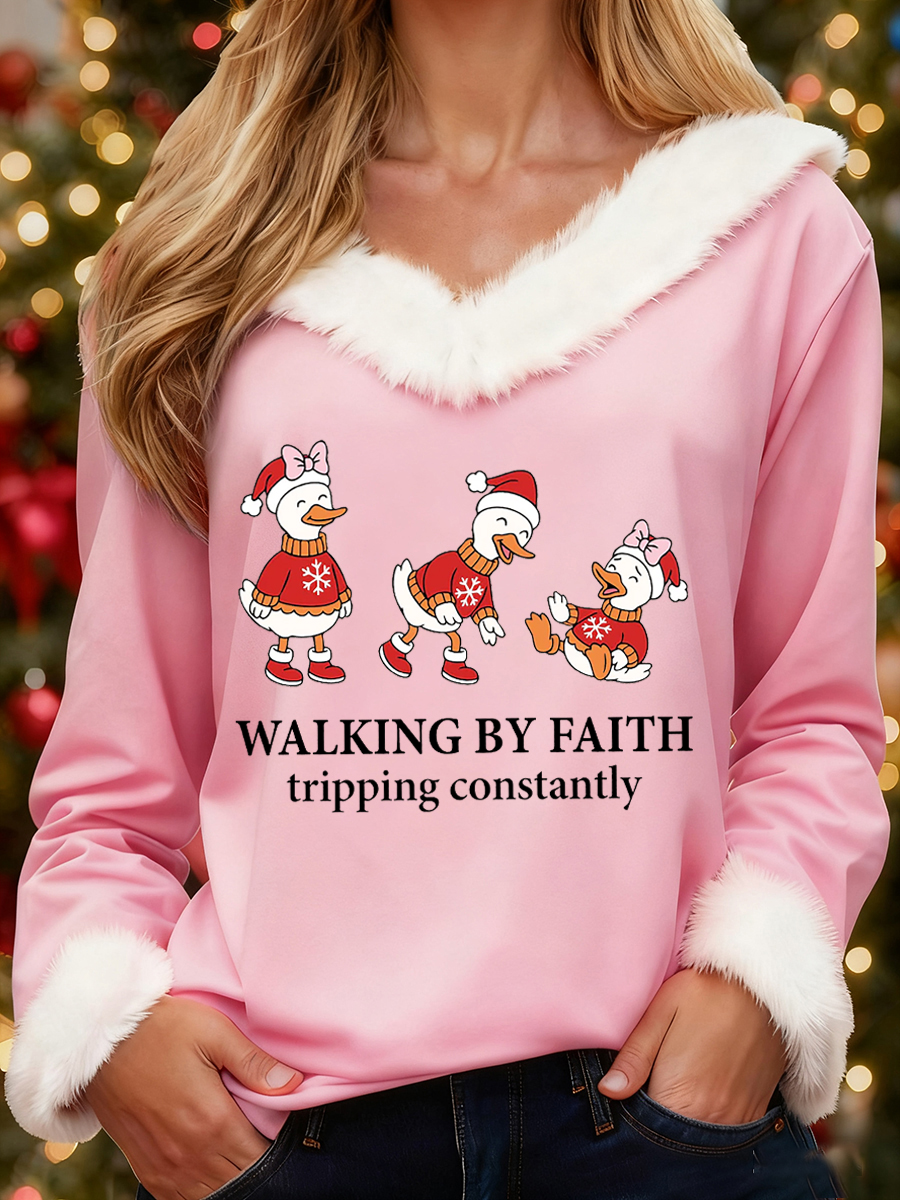 Women's Funny Christmas Goose Walking By Faith Tripping Constantly Print Casual Fur-Collar Top