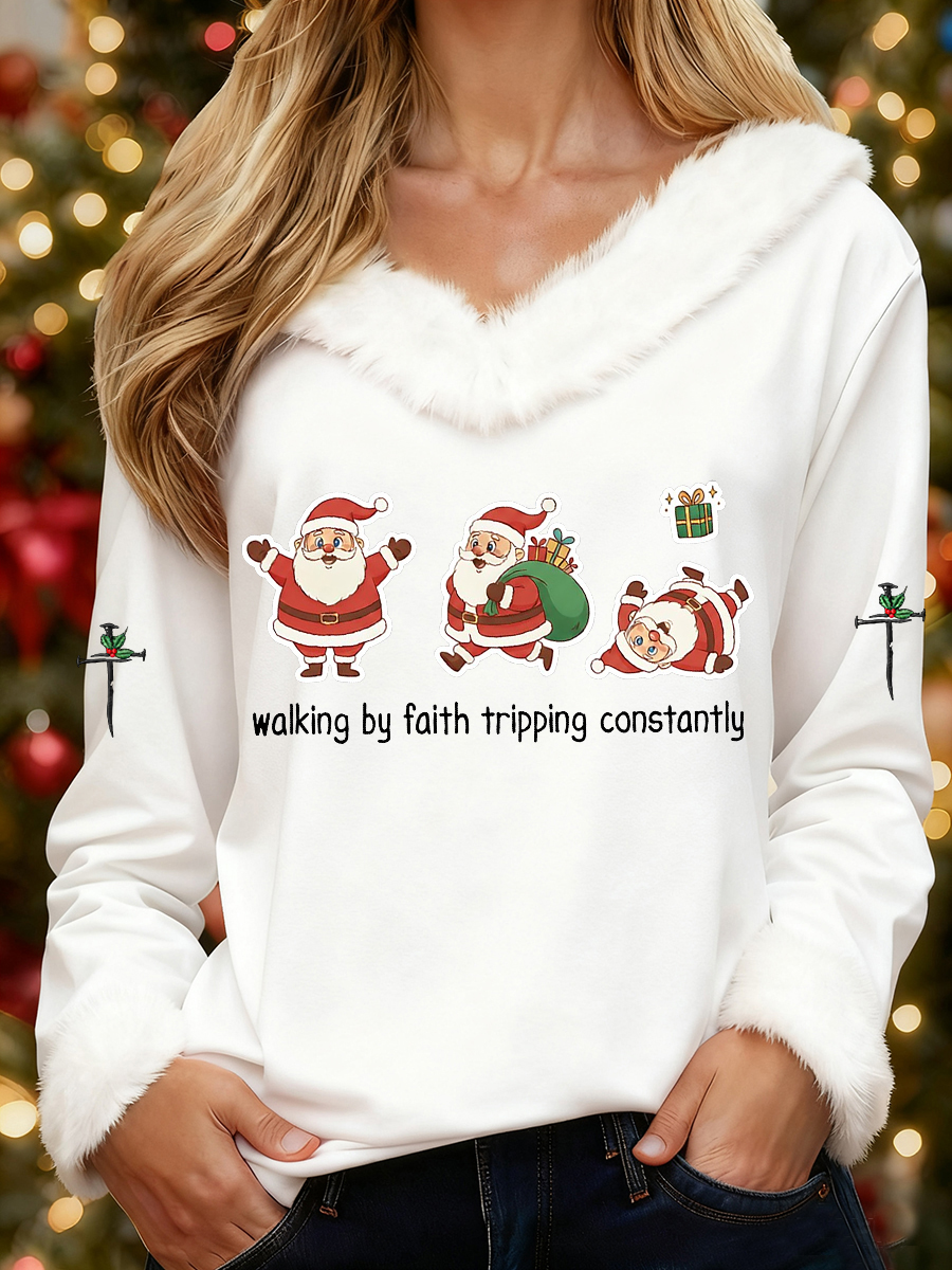 Women's Funny Christmas Santa Claus Walking By Faith Tripping Constantly Print Casual Fur-Collar Top