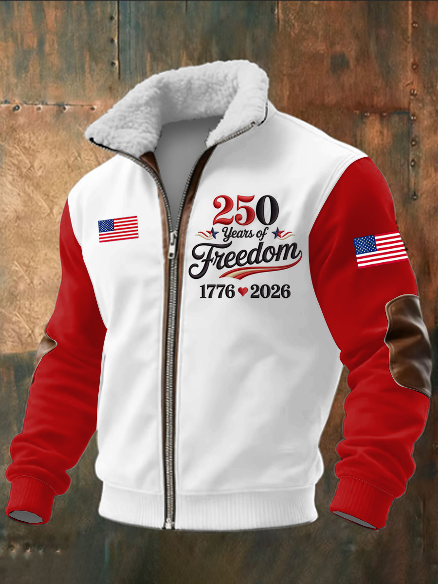 Men's 250th Anniversary Printed Long Sleeved Stand Up Collar Lambhair Zipper Top