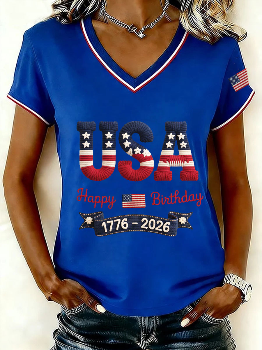Women's USA Happy Birthday V-Neck T-Shirts
