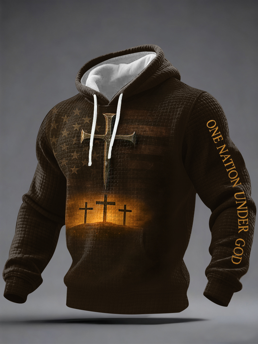 Men's One Nation Under God Faith Cross Print Casual Checkered Hoodie