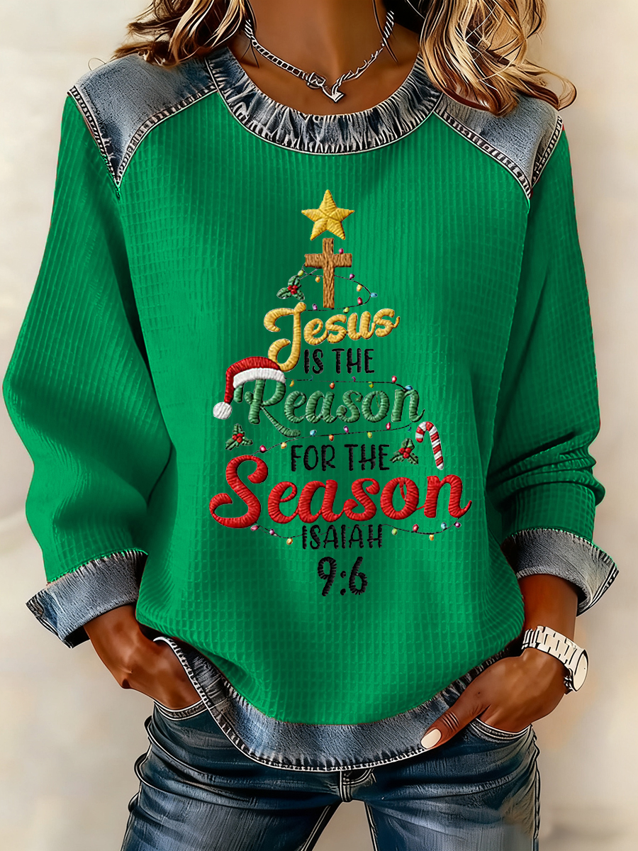 Women's Jesus Is The Reason For The Season Cross Denim Patchwork Top
