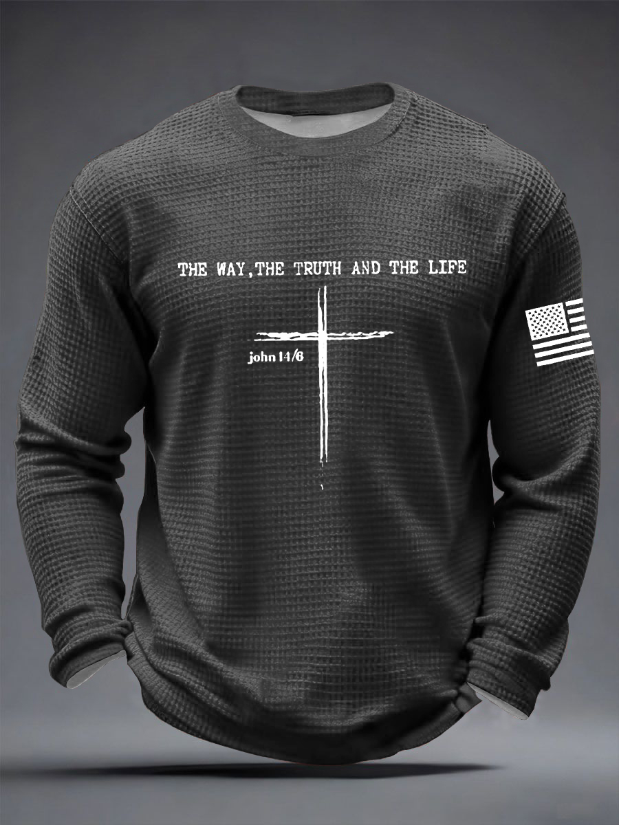 Men's Jesus The Way The Truth The Life John 14:6 Christian Cross Waffle Long Sleeve T-Shirt