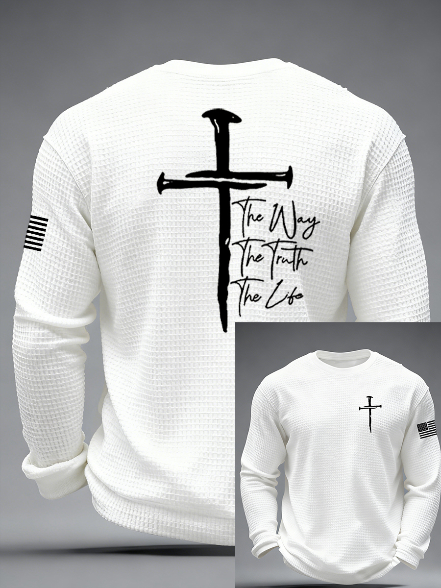 Men's Jesus The Way The Truth The Life John 14:6 Christian Cross Waffle Long Sleeve T-Shirt