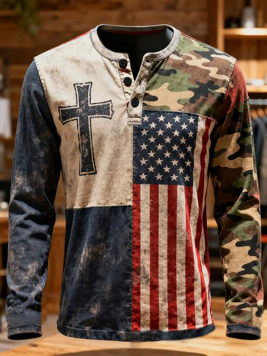Men's Flag Faith Cross Camouflage Long Sleeve T-Shirt