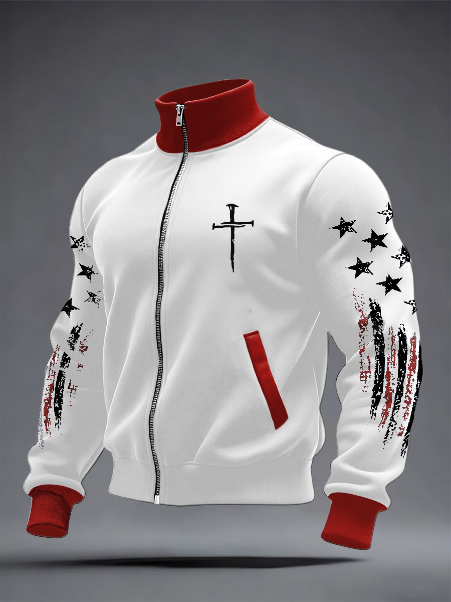 Men's Faith Cross Print Zipper Stand Collar Sweater