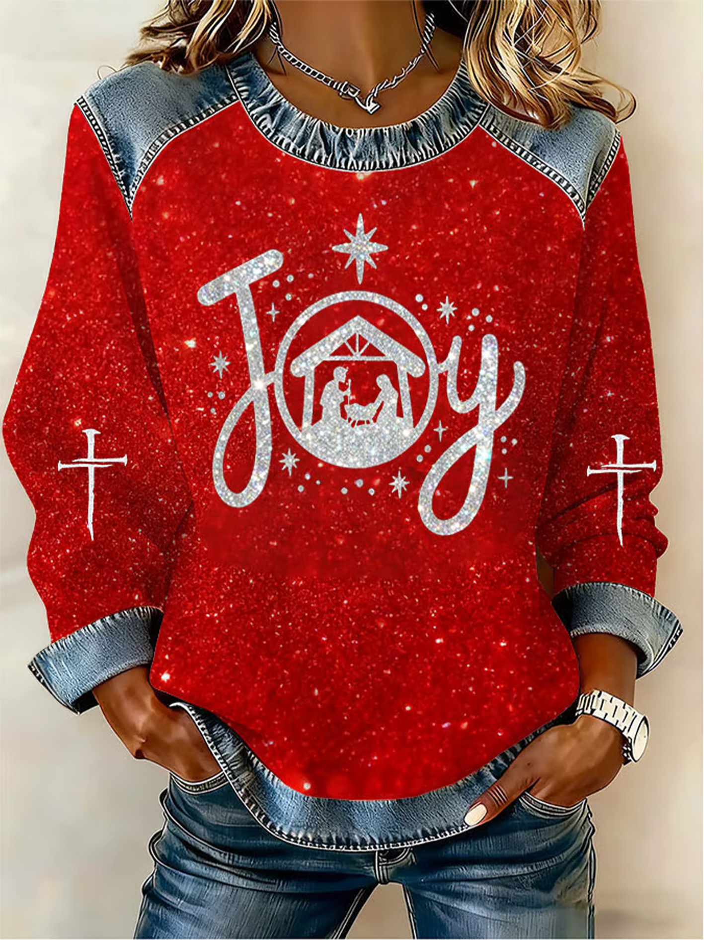 Women's Christmas Belief Pattern Patchwork Art Sweatshirt