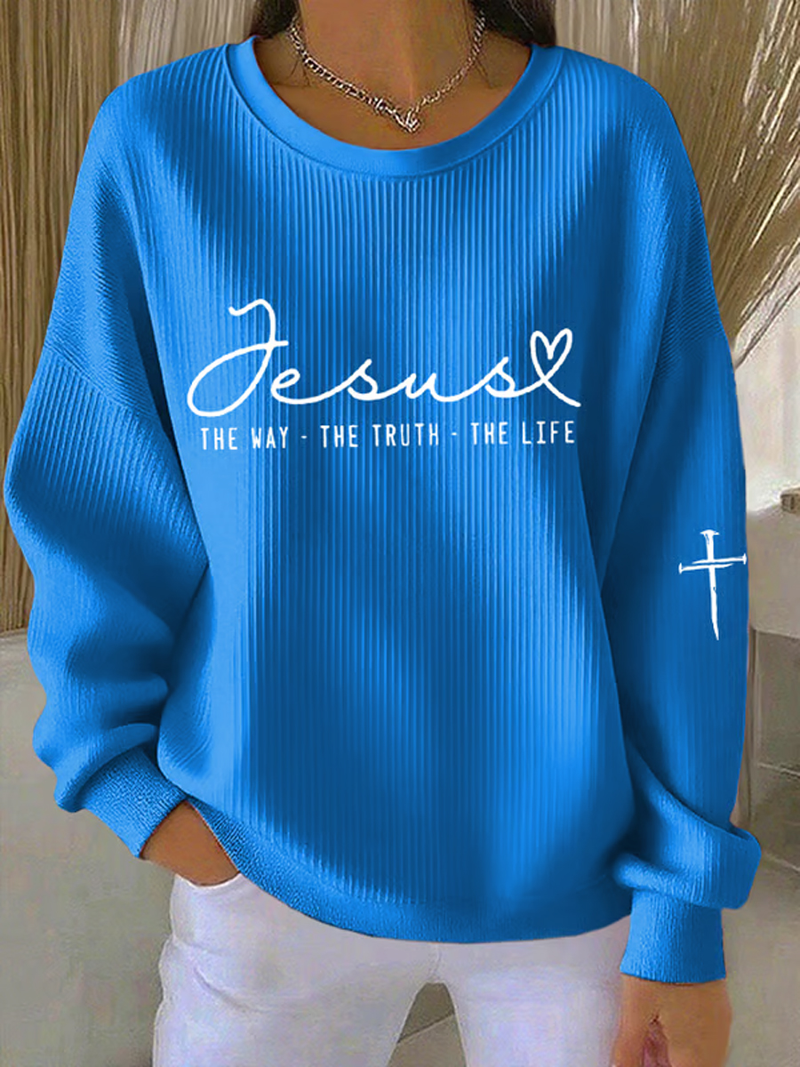 Women'S The Way The Truth The Life Cross Ribbed Round-Neck Sweatshirt