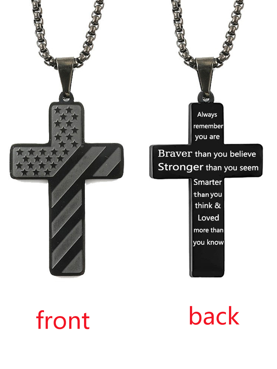 Unisex American Flag Cross Braver Stronger  Stainless Steel Necklace