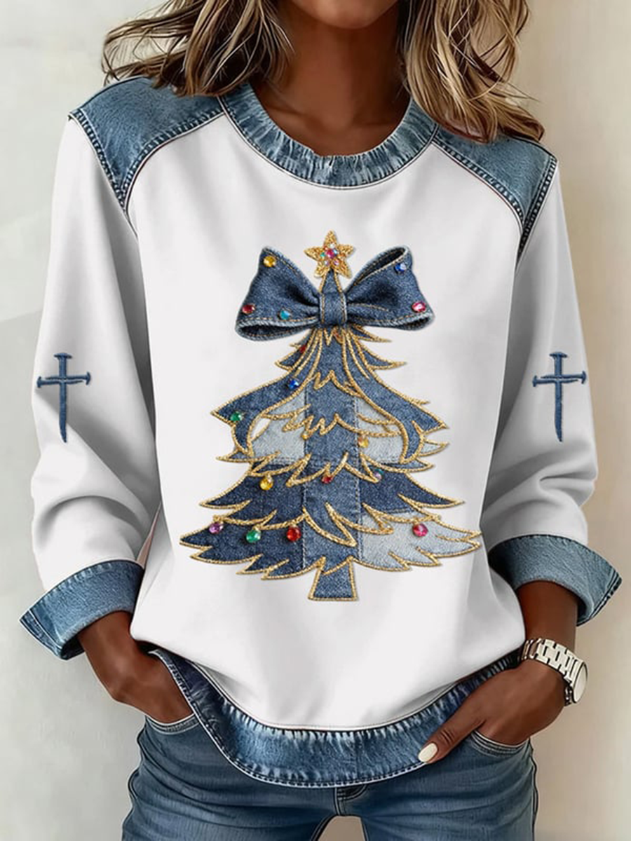 Women's Casual Retro Christmas Tree Denim Patchwork Top