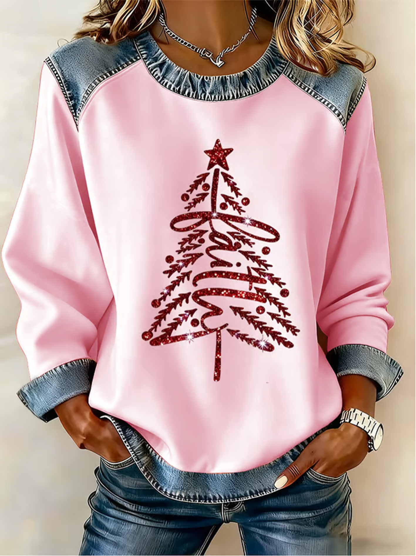 Women's Christmas Belief Pattern Patchwork Art Sweatshirt