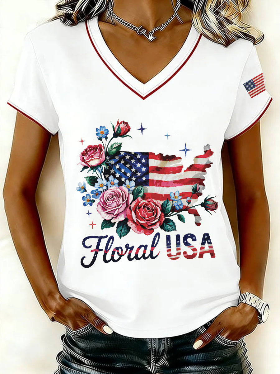 Women's Floral USA V-Neck T-Shirts