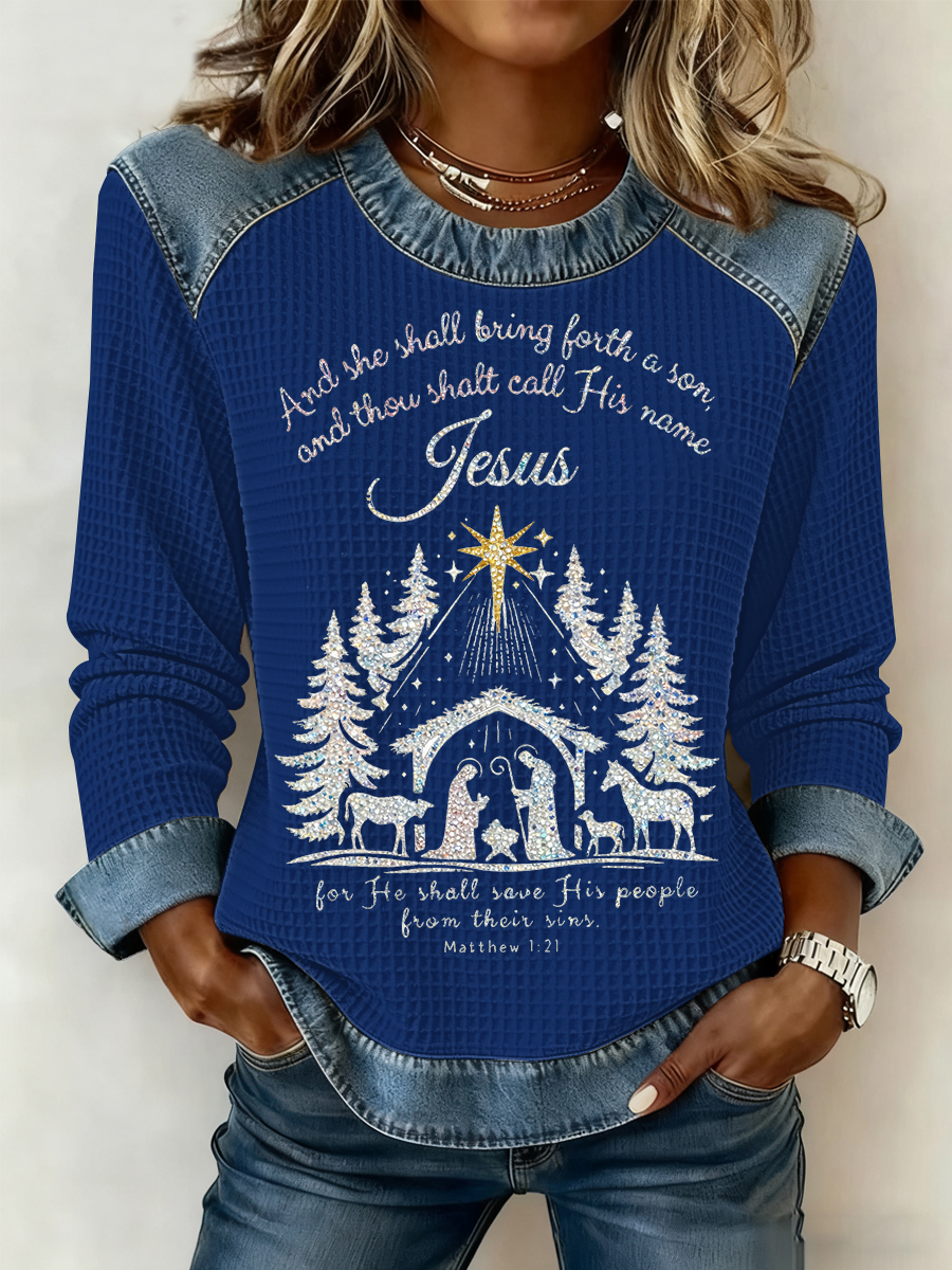 Women's Christmas Print Waffle Sweatshirt