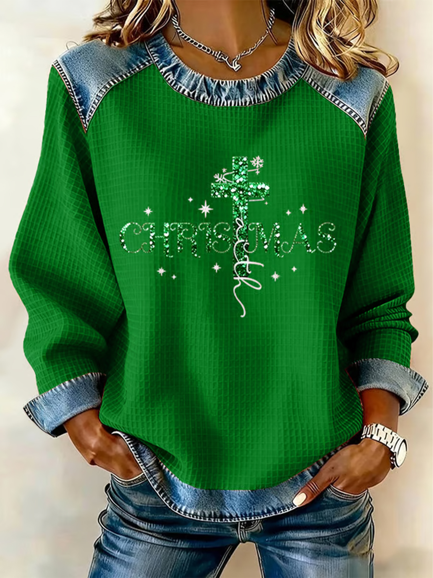 Women's Christmas Belief Print Waffle Sweatshirt