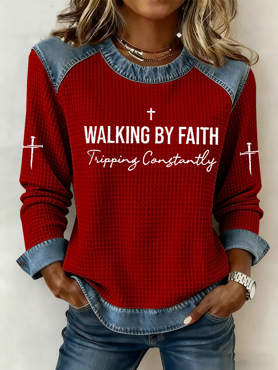 Women's Walking by Faith Tripping Constantly Cross Waffle Sweatshirt