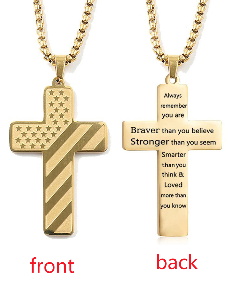 Unisex American Flag Cross Braver Stronger Stainless Steel Necklace