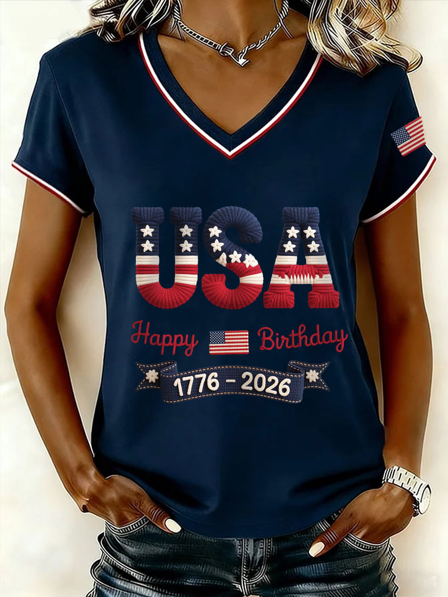 Women's USA Happy Birthday V-Neck T-Shirts