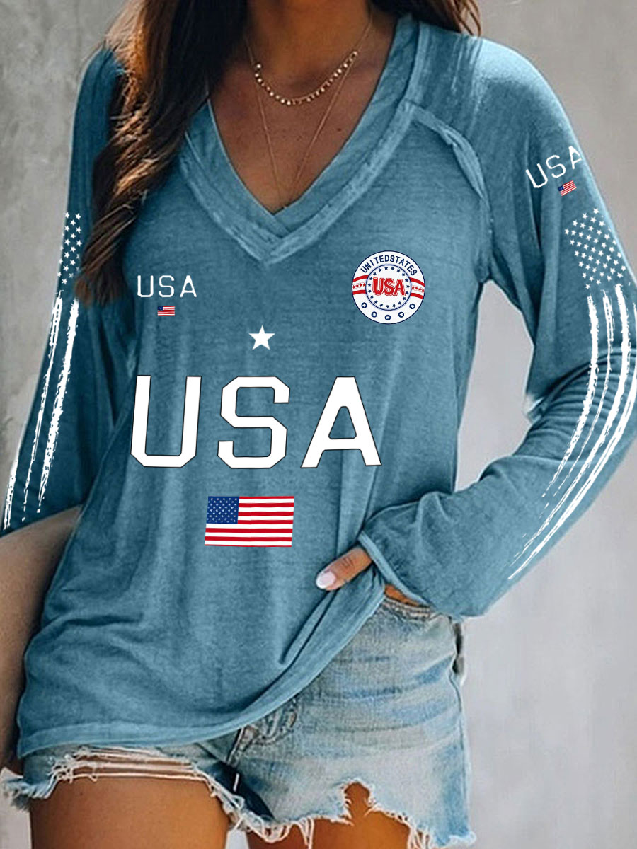 Women's USA Flag V-Neck Tops