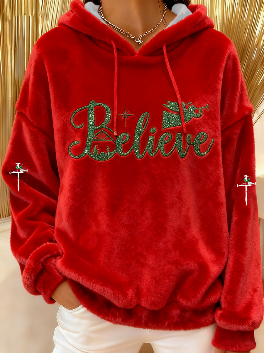 Women's Christmas Believe  Cross Flannel Hoodie