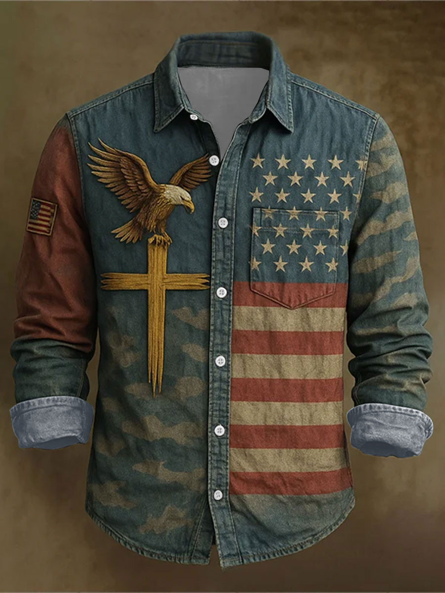 Men's Faith Cross America Flag Printed Shirt